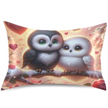Imagem de Valentine Owls Love Birds Capas de almofada de cetim King Queen padrão cores de resfriamento capas de travesseiro confortáveis, tamanho Queen, 76 cm x 50 cm