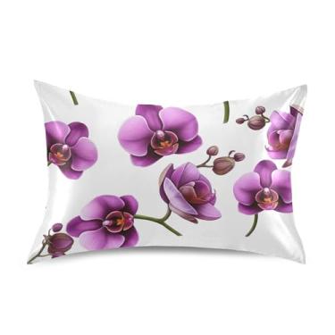 Imagem de Fronhas de cetim branco com flores roxas de orquídea floral refrescante king queen padrão fronhas de cama floral animal tamanho padrão 66 cm x 50 cm