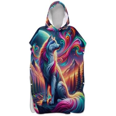 Imagem de Joisal Roupão abstrato de troca de lobo para adultos, poncho de surfe, com capuz, toalha de natação, ponchos de praia plus size para homens