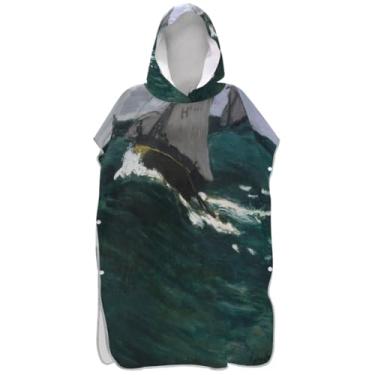 Imagem de Joisal Poncho de surfe leve para adultos, trocador com capuz, toalha de natação, impressão impressionista, onda, oceano, ponchos adultos para mulheres