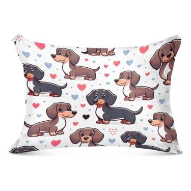 Imagem de Capa de almofada fofa de cachorro Dachshund branca felpuda com zíper estampa animal padrão queen king size fronha macia para cama, tamanho padrão, 51 x 66 cm
