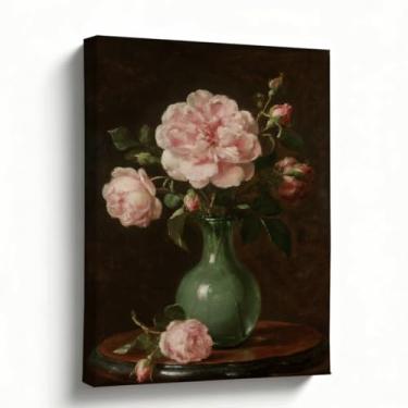 Imagem de Arte de parede em tela floral natureza morta, peônias rosas vintage em vaso de vidro verde, reprodução de pintura a óleo clássica, tela esticada embrulhada para galeria, decoração de sala de estar