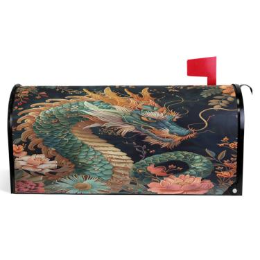 Imagem de TSENQUE Dragão verde flores vintage outono capas magnéticas sazonais outono caixa de correio envoltório vinil decoração moderna caixa de correio tamanho padrão 52,6 x 45,8 cm