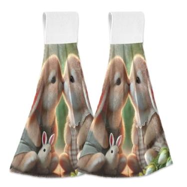 Imagem de Joitme Cute Rabbits Toalhas de mão penduradas de Páscoa com laço pacote com 2, panos absorventes de lã coral para cozinha e banheiro com fita mágica para decoração de pia de bar de forno