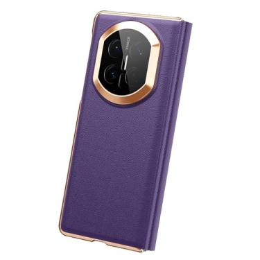 Imagem de POYUFRG Capa flip para Huawei Mate X7, capa fina de couro genuíno galvanizado para janela de visualização inteligente capa de proteção de lente com tudo incluído, roxa, Mate X7