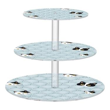 Imagem de Suporte de cupcake de 3 níveis para festa de chá de bebê, torre de cupcake personalizado, preto, branco, caras de gato, onda azul, decoração de festa de chá, bandeja de servir, organizador de