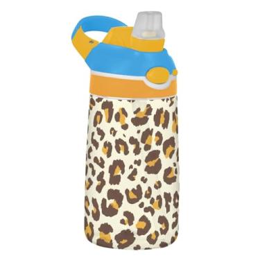 Imagem de Garrafa de água esportiva infantil bege com estampa de leopardo para escola, 473 ml, 473 ml, garrafa de água Tritan com canudo, copo infantil reutilizável portátil, alça de transporte