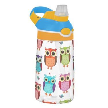 Imagem de Garrafa de água esportiva infantil Tritan de 473 ml com tampa de palha, garrafa de água portátil para escola, à prova de vazamento, copo infantil de 473 ml, alça de transporte, corujas coloridas de