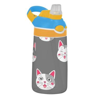Imagem de Garrafa de água infantil de 473 ml reutilizável Tritan Sports de 473 ml com canudo à prova de vazamento, copos de viagem portáteis para crianças, alça de transporte, gatos de desenho animado cinza e