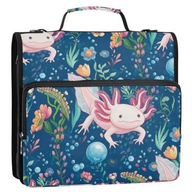 Imagem de Lindos axolotls floral azul mar 3,8 cm 3 anéis fichários D anel fichário organizador com zíper bolsa de fichário com alça para carteira escolar e suporte de pasta de anel