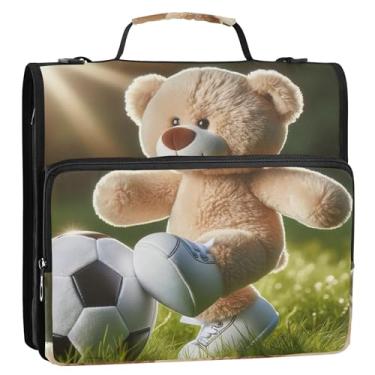 Imagem de Ursinho de pelúcia bola de futebol organizador de fichários com zíper 3 anéis bolsa de fichário escolar resistente com alça de ombro portfólio e estojo suporte de pasta de anel