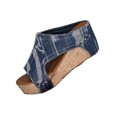 Imagem de Sandálias femininas de salto plataforma jeans para uso ao ar livre no verão com plataforma confortável e design elegante durável, Azul royal, 35