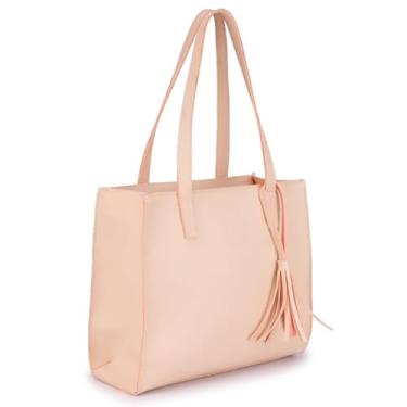 Imagem de Bolsa Tote Feminina em Couro Sintético, Alça Dupla, com Tassel Decorativo, Preta (Beige)