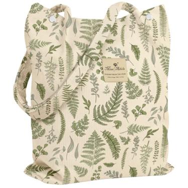 Imagem de Miss Adola Bolsa feminina de veludo cotelê - Sacolas reutilizáveis com fivela magnética e bolso design estético bolsas de supermercado, Coleção Leaf, One Size