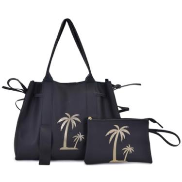 Imagem de Bolsa de Praia com Estampa de Palmeiras, Conjunto 2 Peças, Preta e Dourada, Design Tropical (preto)