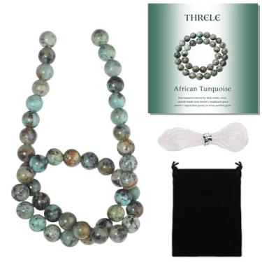 Imagem de THRELE Contas de pedra, 45 peças turquesa africana, contas soltas redondas de 8 mm para fazer joias, pulseiras, com bolsa de presente, cordão elástico e cartão de tamanho