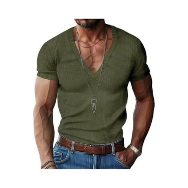 Imagem de Camiseta Masculina Slim Fit De Veludo Cotelê Com Decote Em V, Cor Sóli
