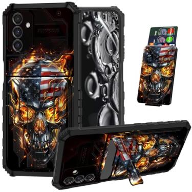 Imagem de ACWDMKH Capa para Samsung A26 5G com protetor de tela, suporte e porta-cartões, capa protetora de camada dupla, híbrida, resistente, à prova de choque, bonita, bandeira, caveira, fogo