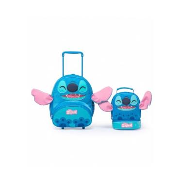 Imagem de Kit Mochila Rodinha Disney Lancheira Pelucia Escolar Stitch