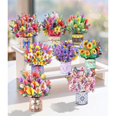 Imagem de Magic Ants Pacote com 8 cartões de buquê de flores pop-up 3D sortidos - lindos cartões florais de primavera com envelopes e notas pretas - para aniversário, dia das mães, obrigado, fique bem