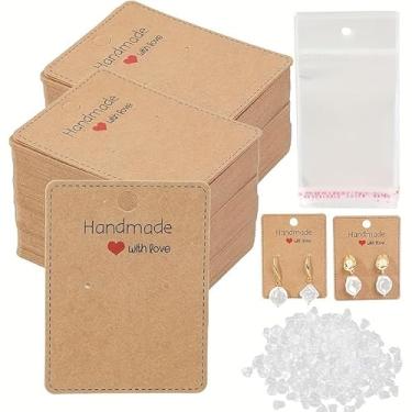 Imagem de 200 peças, incluindo 50 cartões de brinco, 50 sacos de embalagem, 100 fones de ouvido, cartão de exibição de brinco, etiquetas de amor feitas à mão, etiquetas de brinco marrom em branco para ofertas