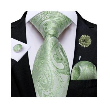 Imagem de Gravata Masculina Floral Paisley Rosa Com Lenço De Bolso, Abotoaduras 