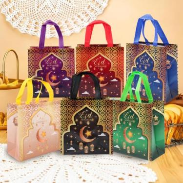 Imagem de 6 peças de sacos de presente reutilizáveis Eid Mubarak, sacos de petisco híbridos coloridos e reutilizáveis com alças, saco de Ramadã multifuncional não tecido para festas de fim de ano, suprimentos