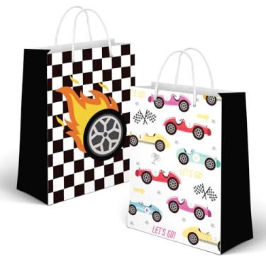 Imagem de JarThenaAMCS 24 peças de saco de presente de papel de carro de corrida preto branco bandeira quadriculada sacos de petiscos de carro com alças sacos de doces para lembrancinhas de festa de aniversário