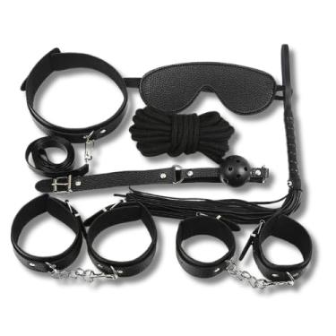 Imagem de Kit Bondage 8 em 1, Conjunto Completo com Algemas, Venda, Corda, Mordaça e Chicote, Preto
