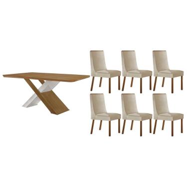 Imagem de Sala Jantar Mesa Imperatriz Tampo Curvo 180cm+6 Cadeiras Dakota Madeira Naturale/Off Wite - Capuccino/Suede Creme - Rufato