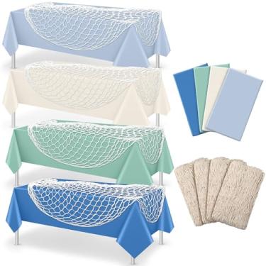 Imagem de Unittype Conjunto de 8 peças de toalha de mesa decorativa e rede de pesca de algodão e capa de mesa de plástico para decoração de festa temática náutica, chá de bebê, pirata, festa de sereia (várias