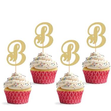 Imagem de Topper de cupcake de 26 letras - pacote com 24 decorações de cupcake com glitter e letra B, adequado para festa de aniversário, aniversário de casamento ou adereços de cabine de fotos (B)