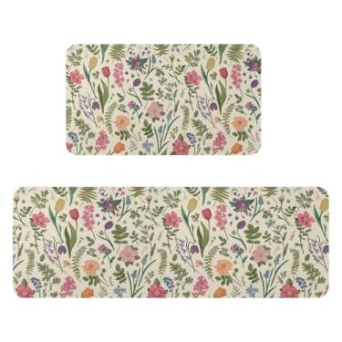 Imagem de Tapetes de cozinha florais de primavera para chão, conjunto de 2 tapetes de cozinha vintage para o verão, rosa, verde, flores, samambaias, botânicos, vintage, antiderrapante, lavável, absorvente