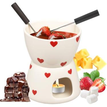 Imagem de Conjunto de fondue de chocolate de cerâmica 2026 com 2 garfos, aquecedor de manteiga, portátil, pote de fondue, lavável na lava-louças, para chocolate, queijo, caramelo, creme (branco)