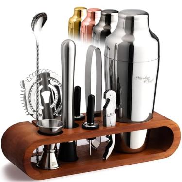 Imagem de Mixology & Craft Conjunto de coqueteleira com suporte de bambu escuro - Kit profissional de barman de 10 peças - Conjunto completo de bar e kit de batedeira de coquetel para casa (prata)