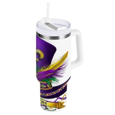 Imagem de Blueangle Copo térmico vintage de 850 g para carnaval com alça e tampa de palha, caneca de viagem reutilizável de aço inoxidável (981)