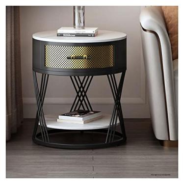 Imagem de Mesa lateral redonda moderna para sala de estar, mesa de canto pequena com gaveta e prateleira de armazenamento, mesa de canto de sofá de 2 andares, mesa de centro para pequenos espaços simples