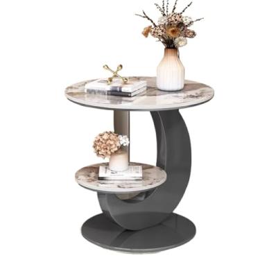 Imagem de Mesa lateral moderna de mármore de camada dupla - mesa de centro redonda minimalista moderna, mesa criativa de canto de sofá para sala de estar, varanda simples (cinza)