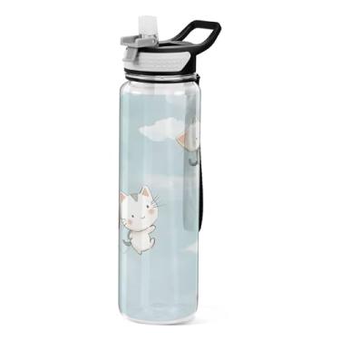 Imagem de xigua Balões de gato de desenho animado com tampa de palha, garrafas de água transparentes à prova de vazamentos para esportes ao ar livre, bebida, fitness, treino, viagem, 940 ml