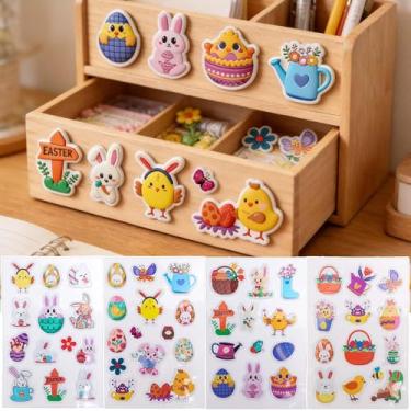 Imagem de Adesivos com tema de Páscoa de desenho animado 3D de 4 folhas autoadesivos fofos coelhinho e ovo de Páscoa adesivos decorativos para geladeira, móveis, artigos de papelaria, garrafas de água, mochilas