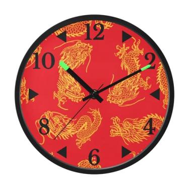 Imagem de STAYTOP Relógio de parede LED de dragão chinês vermelho e dourado para quarto com brilho noturno, relógios de parede silenciosos de 30 cm para decoração de sala de estar, controle de som, relógio de