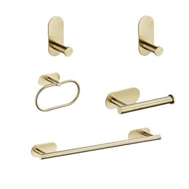 Imagem de Conjuntos de acessórios de banheiro pretos sem perfuração, suporte de papel para rolo de papel higiênico, toalheiro, anel de trilho, roupão, roupas, gancho, ferragens, ouro, 5 peças, 1