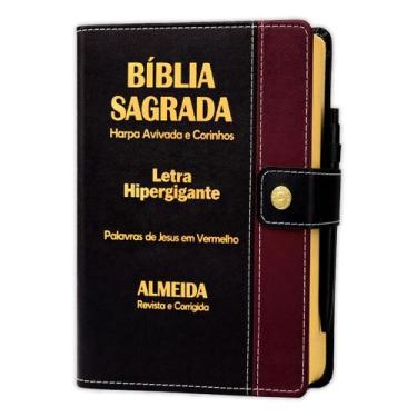 Imagem de Bíblia Letra Hipergigante Botão Preta C/vinho C/ Harpa - REI DAS BIBLI