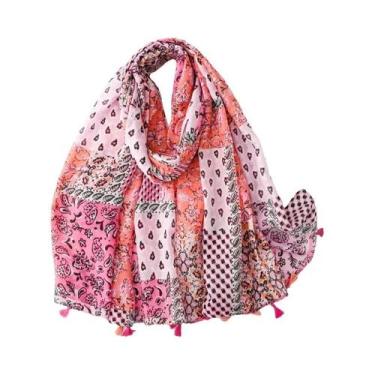 Imagem de Xale Floral Azteca Com Franjas Em Viscose, Pashmina Hijab 180x90cm, El