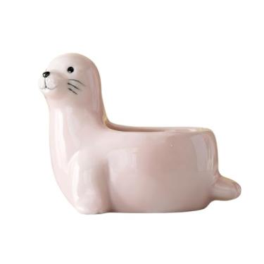 Imagem de SJBAG Vaso de suculentas de cerâmica em forma de leão marinho com orifícios de drenagem, vaso de animais pintado à mão para cactos e suculentas internos, decoração de casa exclusiva e presente (rosa)