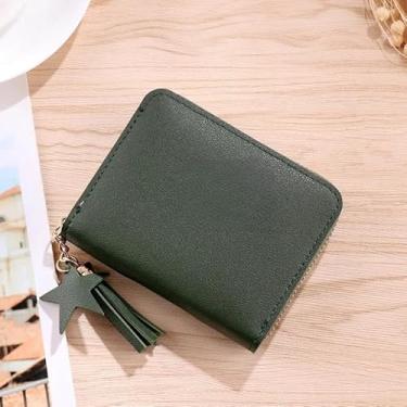 Imagem de Carteira feminina pequena pequena carteira feminina com borla linda garota curta com zíper adorável bolsa de moedas de couro sintético feminina bolsa de mão, Verde, Bonito