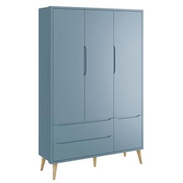Imagem de Guarda-Roupa Retrô 3 Portas Théo New Azul Fosco com Natural - MoveisAq