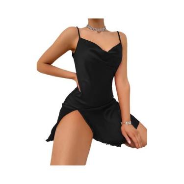 Imagem de Camisola Feminina Elegante De Cetim Liso Com Decote Em V, Costas Abert