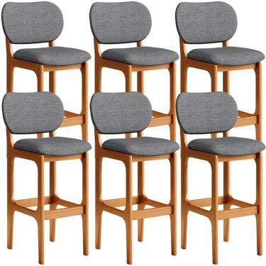 Imagem de Kit 6 Banquetas Alta Bar Cozinha Sala Jantar Fixa Betta L02 Imbuia Linho Cinza Escuro - Lyam Decor