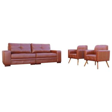 Imagem de Conjunto de Sofá 3 Lugares Bipartido 240cm com 2 Poltronas Bia/Milano Couro Caramelo - Gran Belo